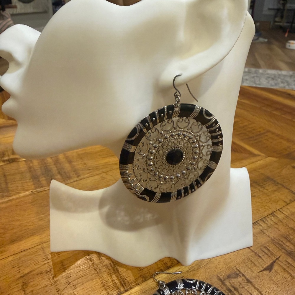 Boho Glam Oversized Black Silver Filigree Medallion Disc Dangle Earrings